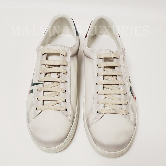 GUCCI SNEAKERS MENS ACE BOLT LOGO DISTRESSED WHITE LEATHER SHOES sz 11G 11.5 - Picture 7 of 13